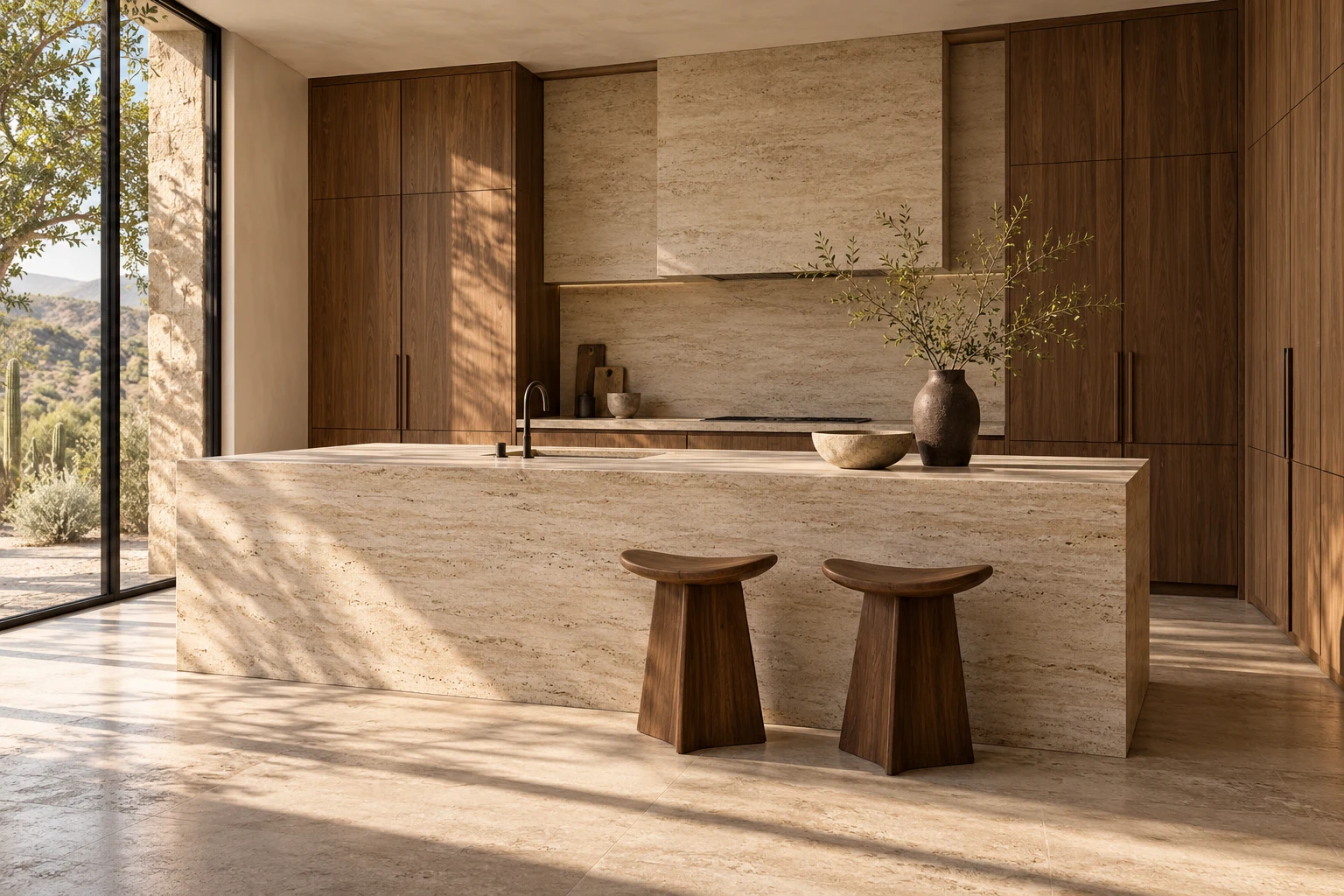 Visualización conceptual de una cocina en nogal y piedra clara, con luz natural.